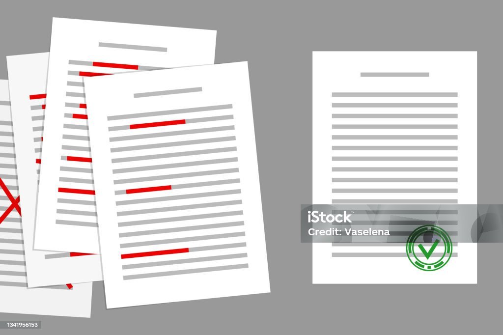 Editor menandai dan memperbaiki kalimat di artikel ilmiah menggunakan pena merah